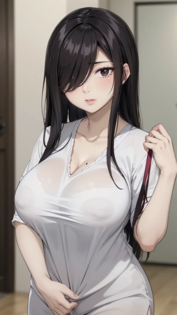 Cute mommy, mature women, realistic skin,perfect ,black hair, long hair, (hair over one eye:1.4), messy hair, hair between eyes, Sexy pajama, chubby,plump,fat,dense pubic hair, extreme pubic hair, Sexy lips, pucker lips,cute shy blush on