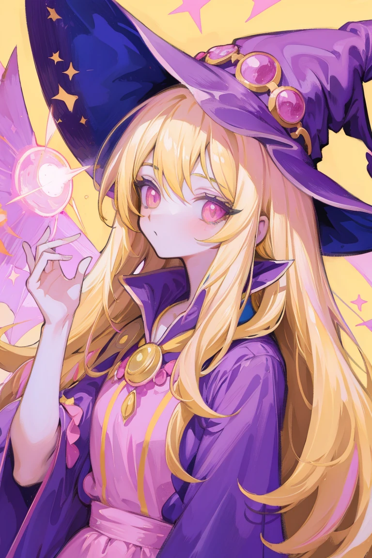 witch girl, Upper Body, Yellow Hair, Pink hat, Pink witch outfit, Sparkling, Transparent Background,Purple eyes