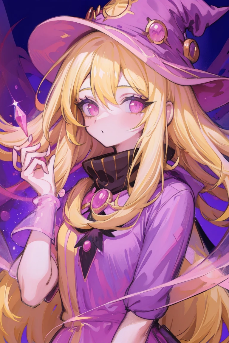 witch girl, Upper Body, Yellow Hair, Pink hat, Pink witch outfit, Sparkling, Transparent Background,Purple eyes