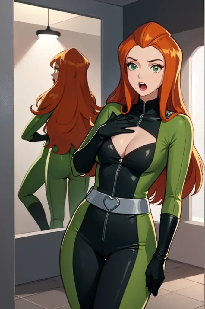 Sam, totally spies, kneeling, side view, inside a alley, green catsuit, belt, gloves, boots, orange hair, green eyes, blushing, licking penis, looking up, gun poiting her head, crying