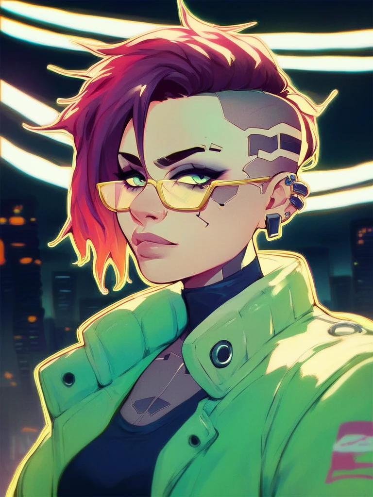 score_9, score_8_up, score_7_up, score_6_up, score_5_up, score_4_up, beautiful female portrait, punk haircut, pierced ear, green jacket, yellow glasses, dramatic neon lighting, outline, cyberpunk city background