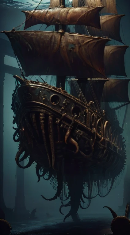 DavyJonesLockerStyle stingray engine, steampunk, wet, dripping, tentacle, (Masterpiece:1.3) (best quality:1.2) (high quality:1.1), a shark mimics as a pirate ship to capture humans. Mimicry. Mimic