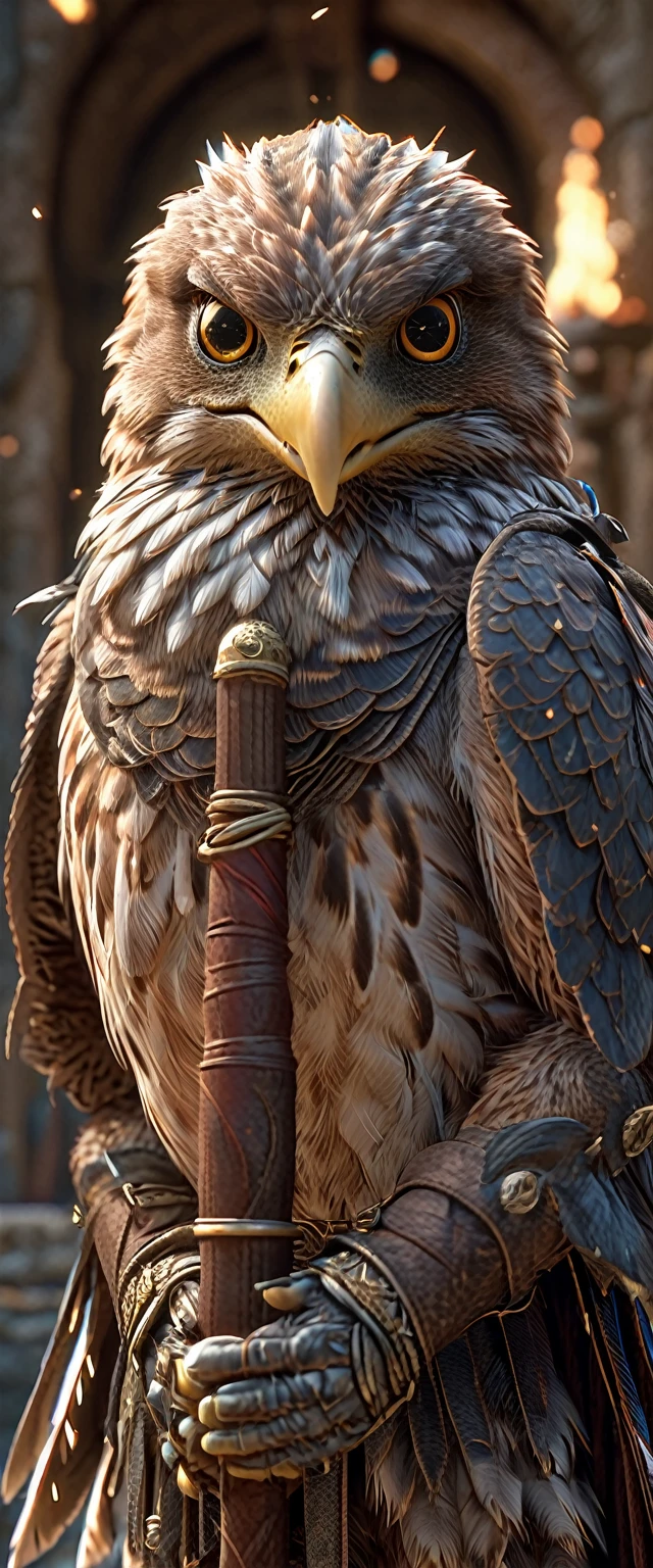 A close-up shot of a hawk, Hawk Wizard，whole body, magic circle，Carrying a walking stick, wizard dressを着ている, Dungeon Background, High resolution, masterpiece, Highest quality, Super detailed, Super detailed, Ultra-realistic,
 Hong Kong Style, 3D Fluffy, Cute and adorable close-ups, Cute big round reflective eyes, Long fuzzy fur, Pixar Rendering, unreal engine Cinematic smooth, Exquisite detail, Cinematic