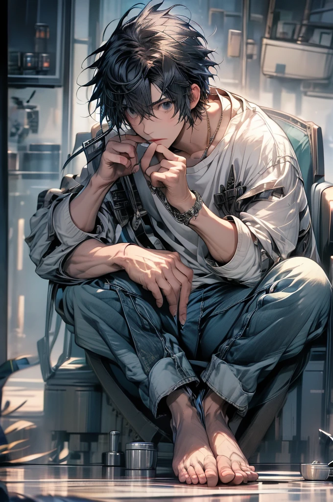 (masterpiece,best quality, detailed), 1boy, male focus, looking at viewer, full body, indoors, sitting, knees up, armchair, l lawliet, white shirt, jeans, barefoot, finger to mouth