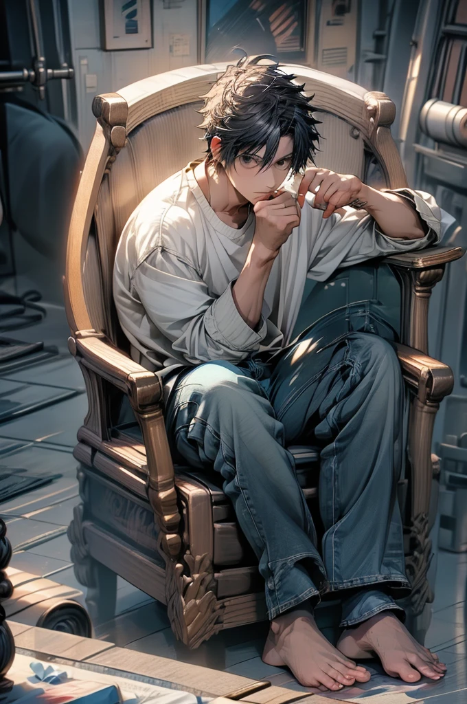 (masterpiece,best quality, detailed), 1boy, male focus, looking at viewer, full body, indoors, sitting, knees up, armchair, l lawliet, white shirt, jeans, barefoot, finger to mouth