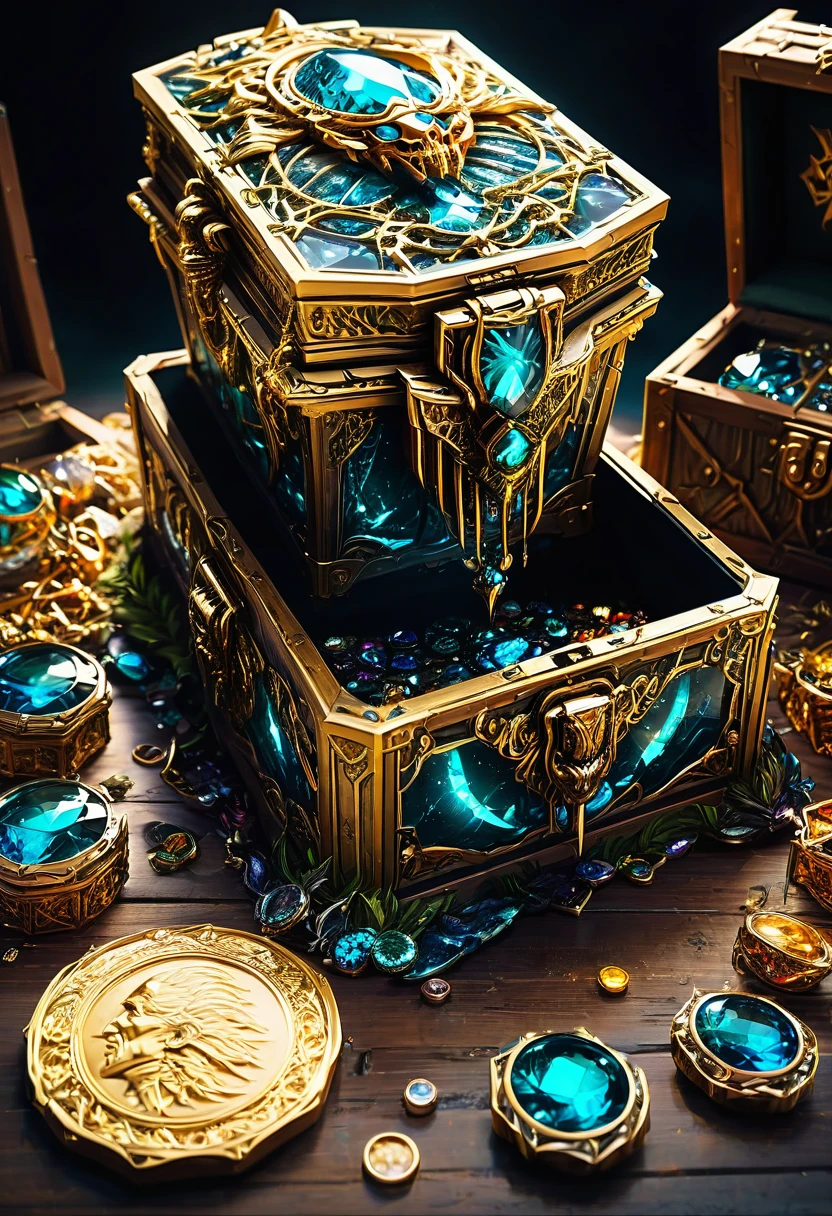Mimic Monster disguise Treasure Box, revealing terrifying fangs. Scattered jewelry, by Frank Miller comic style, best quality, masterpiece, very aesthetic, perfect composition, intricate details, ultra-detailed