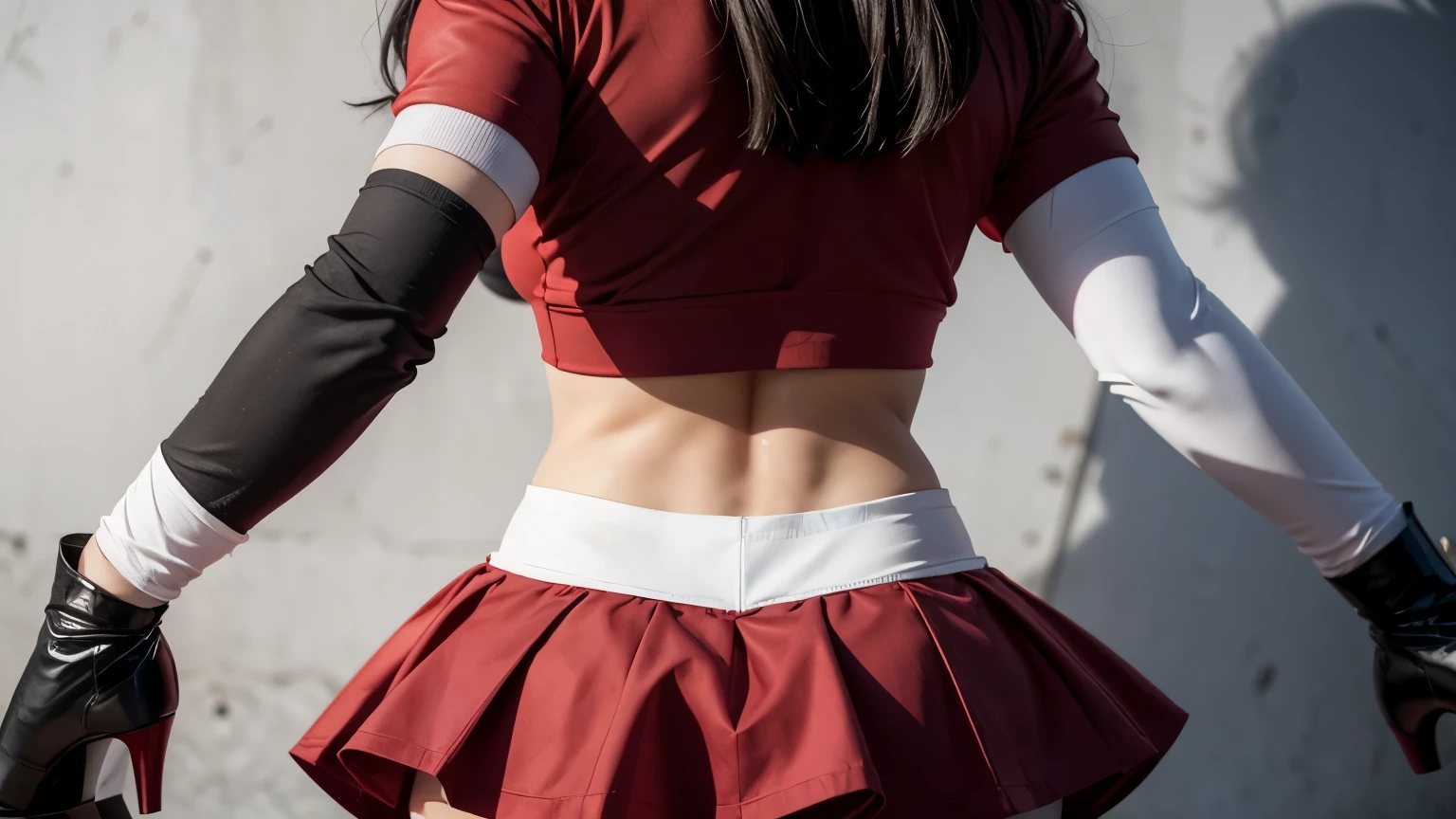 jenf0xx, Team Rocket,Team Rocket uniform, red letter R, White skirt,White crop top,black thigh high stockings, black elbow length gloves,, (look from behind:1.2)