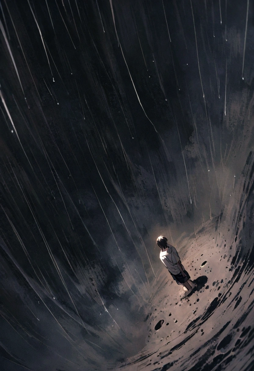 A tall boy on his back on the edge of a void looking down while it rains. The boy wears only a shirt and shorts full of holes. The image is taken from above.