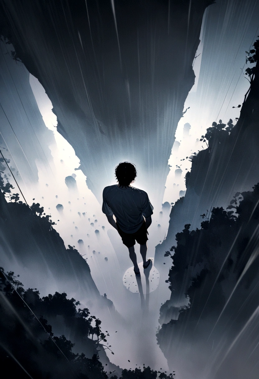 A tall boy on his back on the edge of a void looking down while it rains. The boy wears only a shirt and shorts full of holes. The image is taken from above.