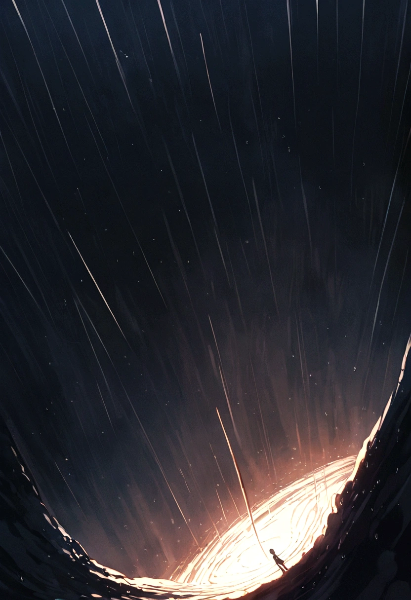 A tall boy on his back on the edge of a void looking down while it rains. The boy wears only a shirt and shorts full of holes. The image is taken from above.