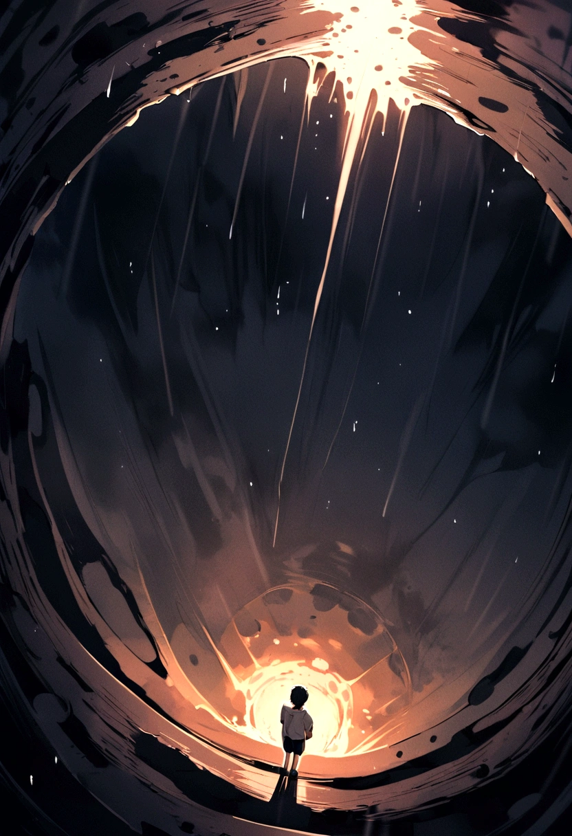A tall boy on his back on the edge of a void looking down while it rains. The boy wears only a shirt and shorts full of holes. The image is taken from above.