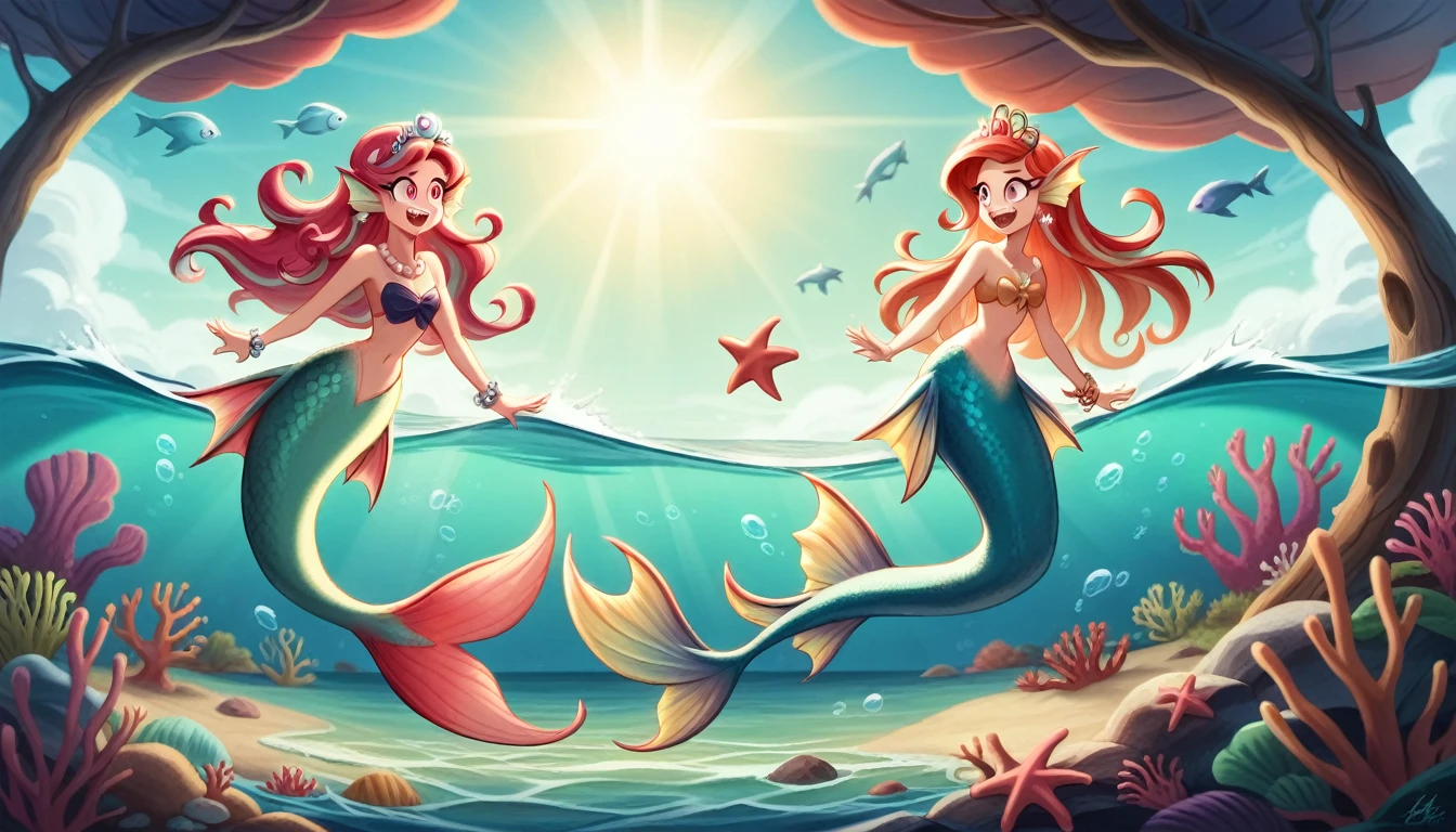 (best quality,4k,8k,highres,masterpiece:1.2),ultra-detailed, Pretty  princess magically transformed into a beautiful mermaid, race swap, fantastic transformation, steampunk, long and detailed mermaid tail below waistline, fins ears, shimmering red fish scales, drawn in anime style, very long pigtails red hair, sharp teeth, is smiling, pink eyes, small breast, long pelvic and dorsal fins, pair of fish gills on the torso, seashells bra, starfish hair clips, pearl earrings and bracelets, pearl necklace, hair ribbons, gold tiara, sitting on a rock, on a sandy beach, new beautiful body,she’s smiling,embracing her new life has a mermaid, brushing her hair with an hairbrush, ocean waves,sparkling water,coconut trees,seagulls,coral reef,vibrant colors,magical glow,shimmering scales,sea breeze,warm sunlight,joyful expression,island paradise,lush tropical plants,dynamic composition,soft and smooth lines,expressive facial features,gentle water reflections,serene atmosphere, Highly detailed, masterpiece, high quality, 4K.