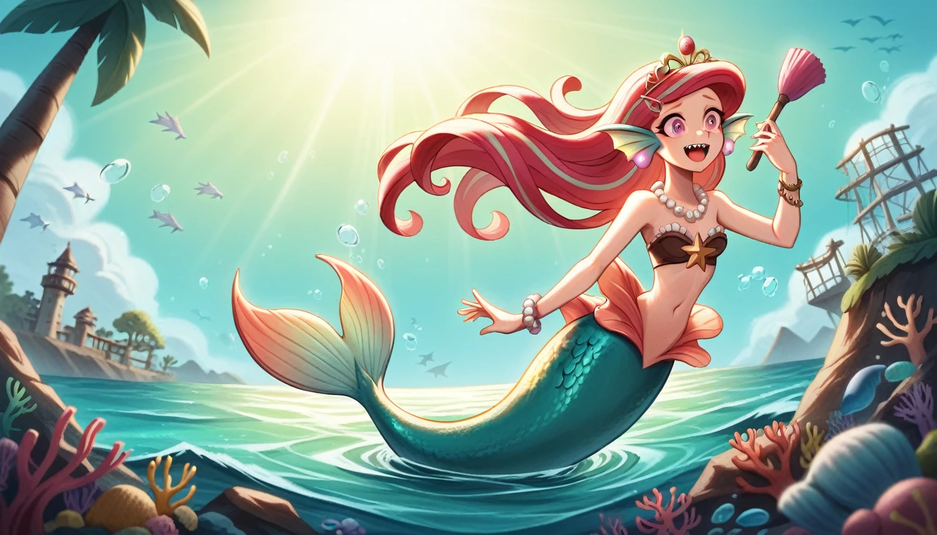 (best quality,4k,8k,highres,masterpiece:1.2),ultra-detailed, Pretty 15 years old princess magically transformed into a beautiful mermaid, race swap, fantastic transformation, steampunk, long and detailed mermaid tail below waistline, fins ears, shimmering red fish scales, drawn in anime style, very long pigtails red hair, sharp teeth, is smiling, pink eyes, small breast, long pelvic and dorsal fins, pair of fish gills on the torso, seashells bra, starfish hair clips, pearl earrings and bracelets, pearl necklace, hair ribbons, gold tiara, sitting on a rock, on a sandy beach, new beautiful body,she’s smiling,embracing her new life has a mermaid, brushing her hair with an hairbrush, ocean waves,sparkling water,coconut trees,seagulls,coral reef,vibrant colors,magical glow,shimmering scales,sea breeze,warm sunlight,joyful expression,island paradise,lush tropical plants,dynamic composition,soft and smooth lines,expressive facial features,gentle water reflections,serene atmosphere, Highly detailed, masterpiece, high quality, 4K.