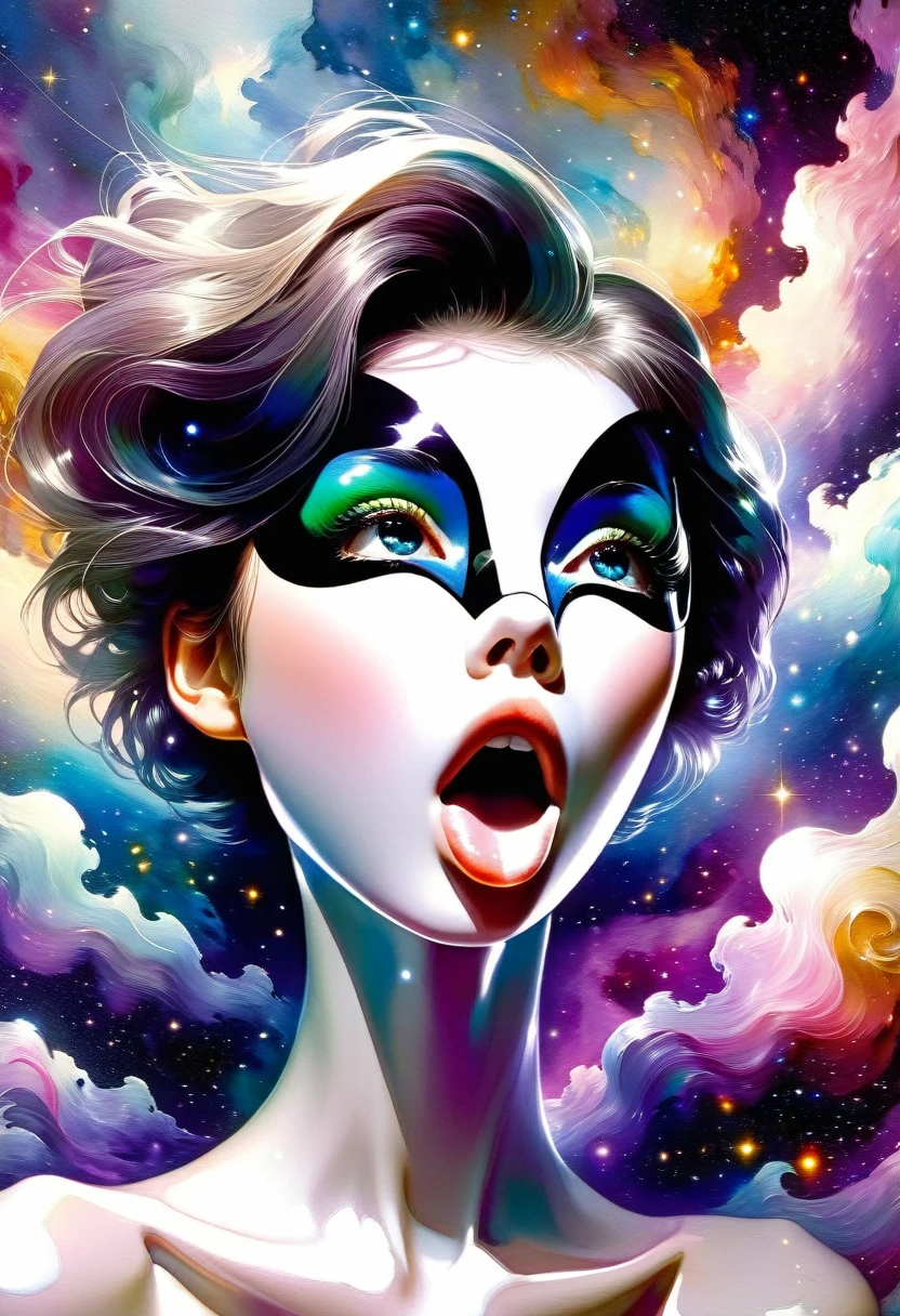 (ahegao)[Young 1girl, the expression of a sad face under a mask of joy, Cute Black Chaos Bob To The Wind, baroque:20]:BG[Nebula] (Art by Slawomir-Maniak), Lush watercolor palette canvas/acrylic, Intricate, Extreme detailing, Complex key, ((Single Shot)), ((Best Quality)), ((Masterpiece)) , ( (Realistic)), (IDEAL), 8K, impressionism: 0.2 Обои Full HD