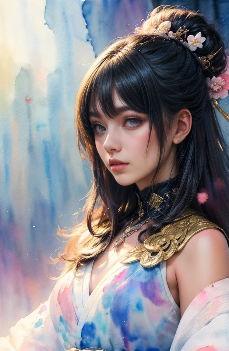 (Tabletop, Highest qualityの, Highest quality, Official Art, (beautifully、aesthetic:1.4), (Watercolor:1.4) ), (Tsukuyomi:1.5), 日本god話のgod様々々, Fleeting beauty, 星空に照らされるgod秘的な存在, god'Grace, Calm and contemplative expression, Flowing Heavenly Robe, A dazzling silver glow illuminates the night view, Dance of shadows and lights, Whispers of Ancient Legends