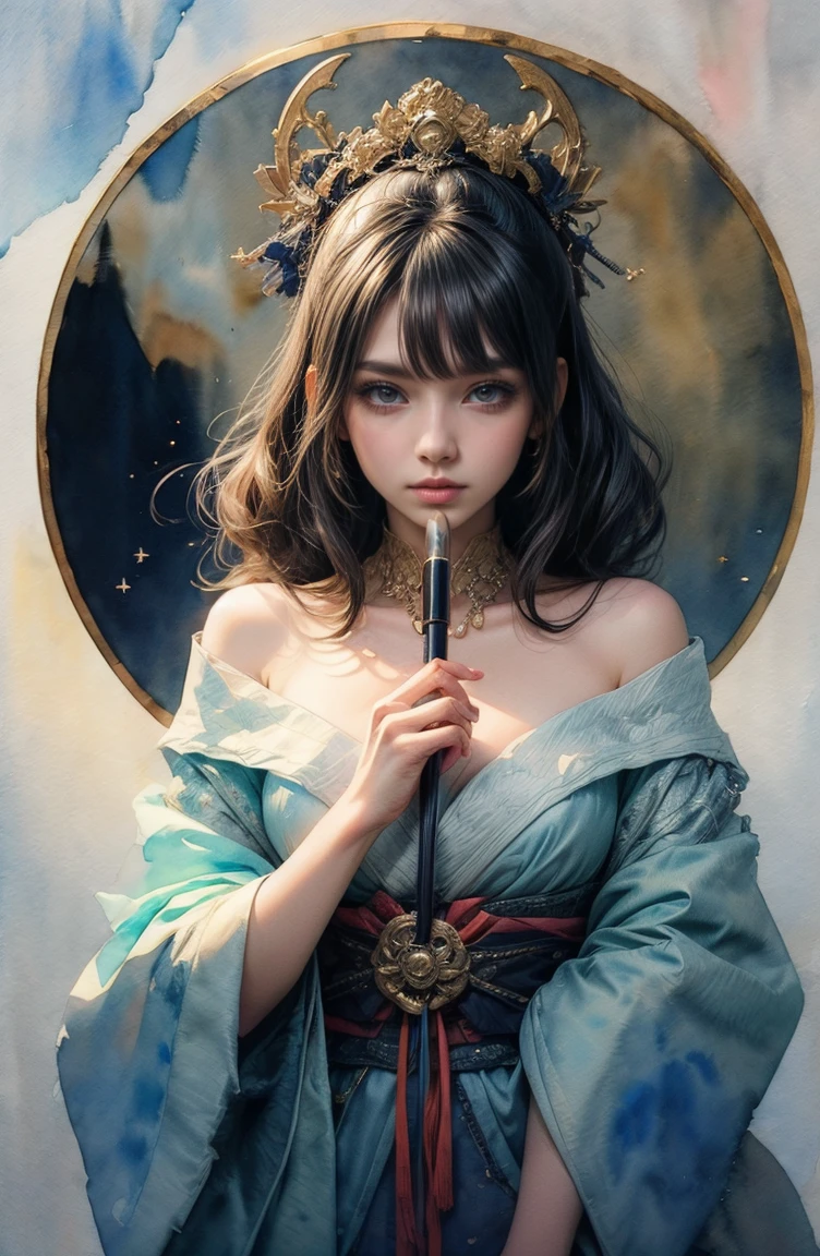 (Tabletop, Highest qualityの, Highest quality, Official Art, (beautifully、aesthetic:1.4), (Watercolor:1.4) ),  (Tsukuyomi:1.5), 日本god話のgod様々々, Fleeting beauty, 星空に照らされるgod秘的な存在, god&#39;Grace, Calm and contemplative expression, Flowing Heavenly Robe, A dazzling silver glow illuminates the night view, Dance of shadows and lights, Whispers of Ancient Legends