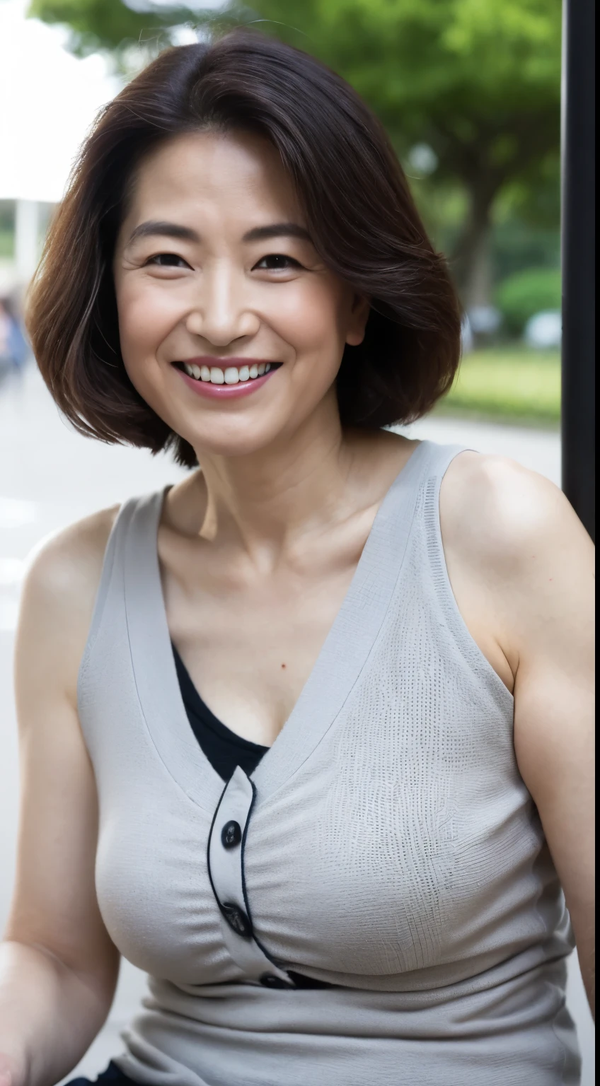 最high quality, In 8K, Masseter region, real, Sharp focus, high quality, High resolution, Detailed face, Fine grain, Thick lips, Background Blur, alone, Full body photography, Middle-aged women, , 65 years old, , Wavy Hair, Cleavage, Wearing a plain short-sleeved knit, Sitting on a park bench, Wrinkles around the eyes, Smiling with teeth showing