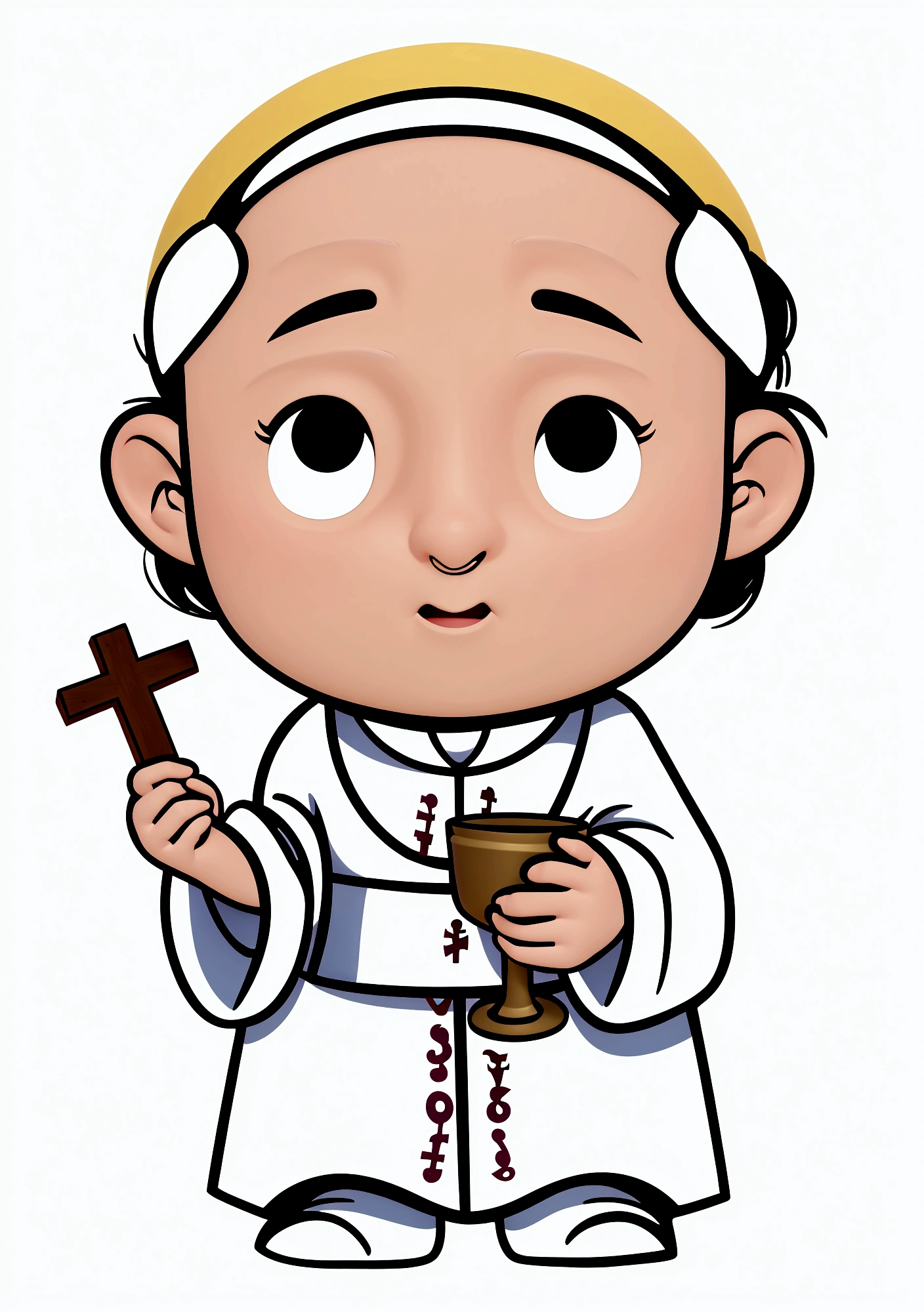 Pixar style: the pope, holding a small cross and a chalice, 3D poster, Disney