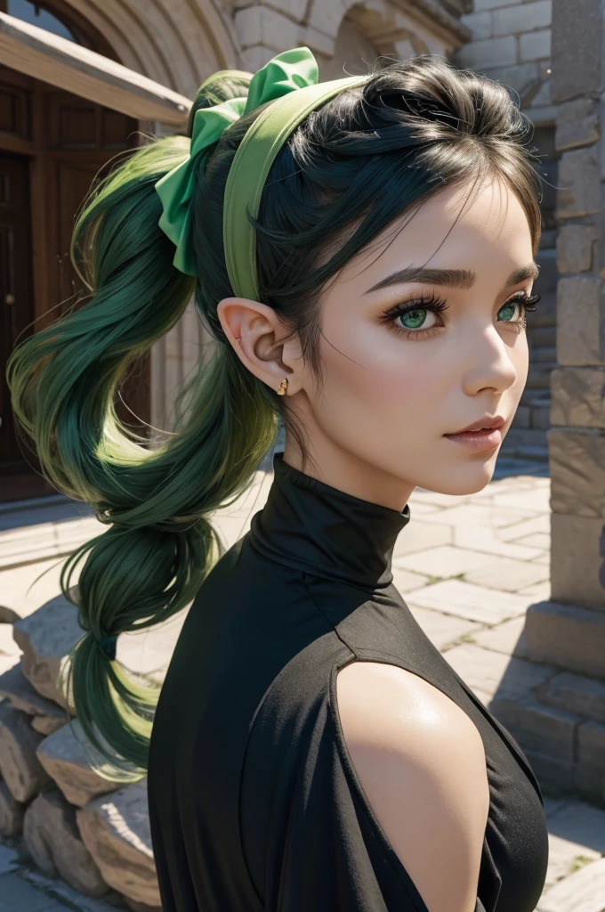 30 year old woman from Saturn, elf ears, thick athletic body, beautiful, cute, green ponytail hair with flower headband, wearing long black dress, giving speech in stone castle