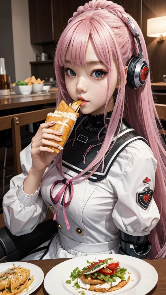 Robot girl with beautiful face sitting and eating mukbang .yummy . Lolita. Girl 18.