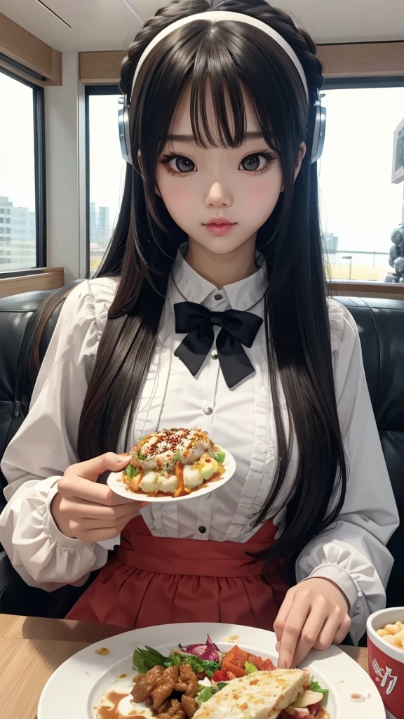 Robot girl with beautiful face sitting and eating mukbang .yummy . Lolita. Girl 18.