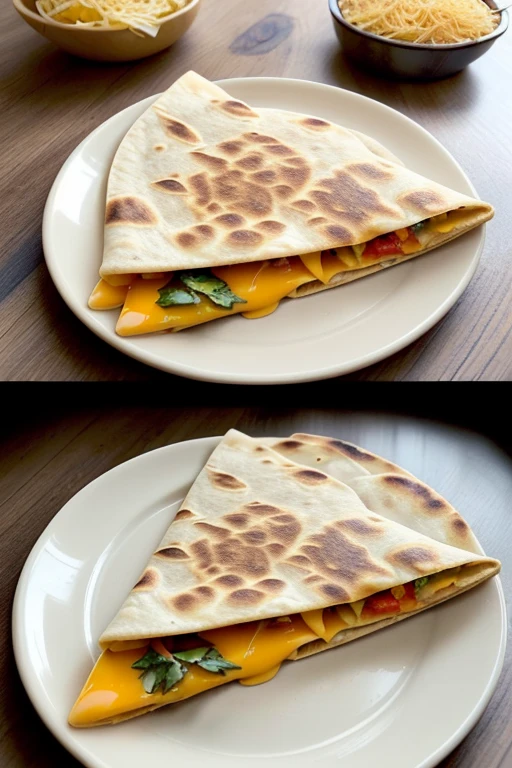 Generates a hyper-realistic image of an extremely appetizing and delicious quesadilla. The quesadilla should be filled with a generous amount of melted cheese that looks creamy and stretched when you break it.. The edges of the quesadilla should be golden brown and slightly crispy., showing a perfect texture. The image must be of photographic quality, with a high resolution that allows you to see every detail of the ingredients.

The cheese should look shiny and melted., with golden bubbles on the surface that suggest its recent release from the pan. The tortilla should be lightly toasted., with golden and crispy parts that mix with softer and more flexible areas.

Add some extra details like a little fresh cilantro and a pinch of finely chopped red peppers on top of the quesadilla for a touch of color and freshness. The presentation must be impeccable, with a portion of the quesadilla slightly raised to show the cheese stretching.

Lighting should be warm and natural, highlighting the details and textures of the quesadilla. Shadows should be soft, creating a feeling of depth and realism. The background must be neutral, preferably a rustic wood surface or kitchen table that complements the food without distracting from the quesadilla.