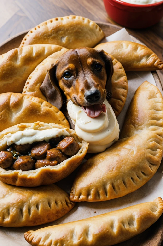 A logo with a sausage dog eating empanadas