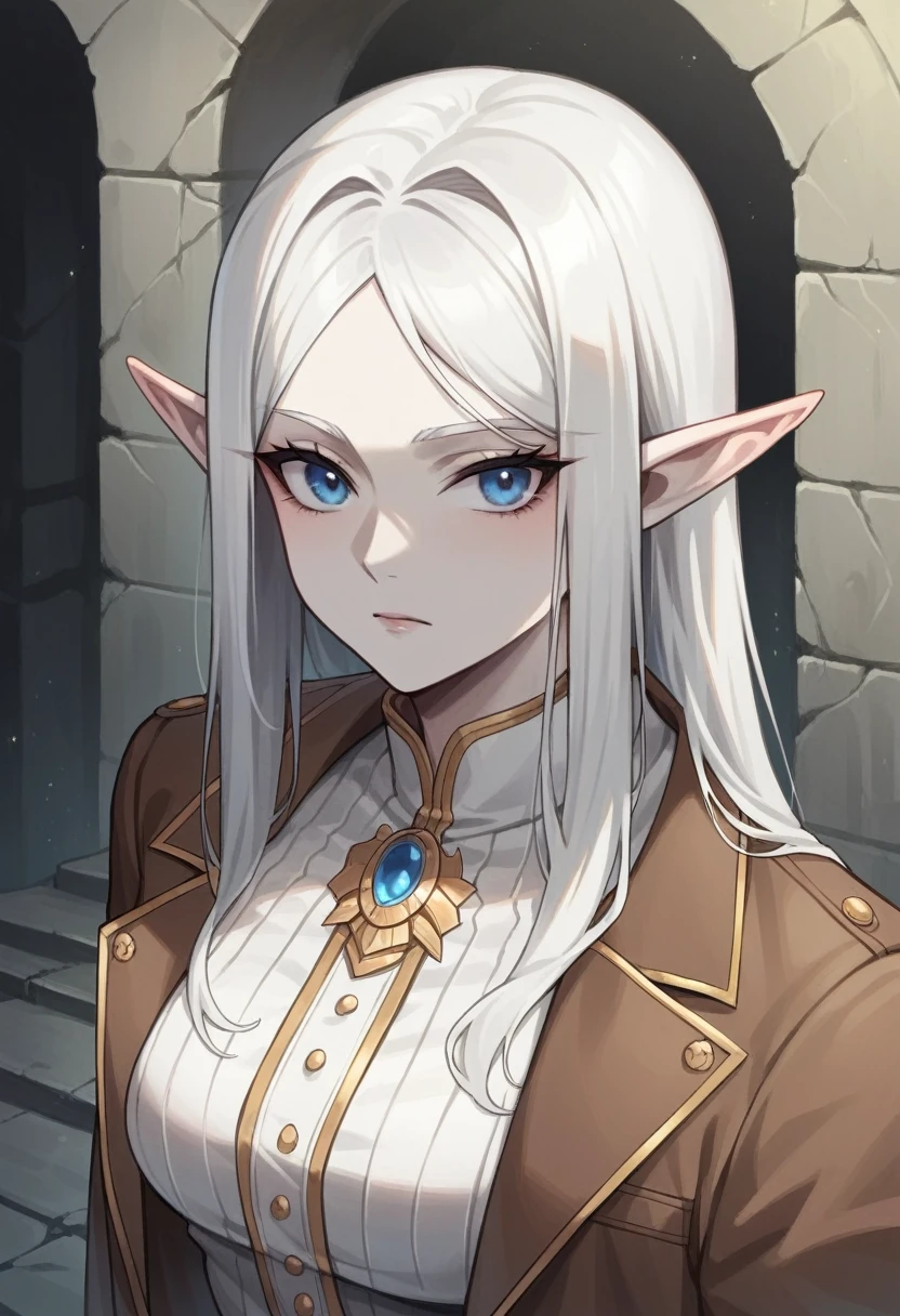 1 Masculino, Beautiful face, (handsome), elf ears, (Pale skin:1.4), (high resolution,Overwhelmingly pixel perfect,elegant illustrations), (Special quality, main part, impersonal:1.4), white hair, blue eyes, long hair, brown coat, above all else, Ruins Background, upper body,