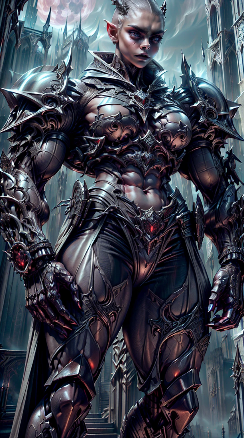(1 girl), (cara delevingne:1.25), Beautiful muscular armoured vampire girl standing on cathedral looking at the moon, (gothic vampire body armor:1.25), (extreme muscular definition:1.5), (large muscular vascular breasts:1.25), (huge muscular arms:1.5,) (10-pack abs:1.4), (lots of veins:1.25), thin legs, Realistic, Very detailed face and eyes, masterpiece