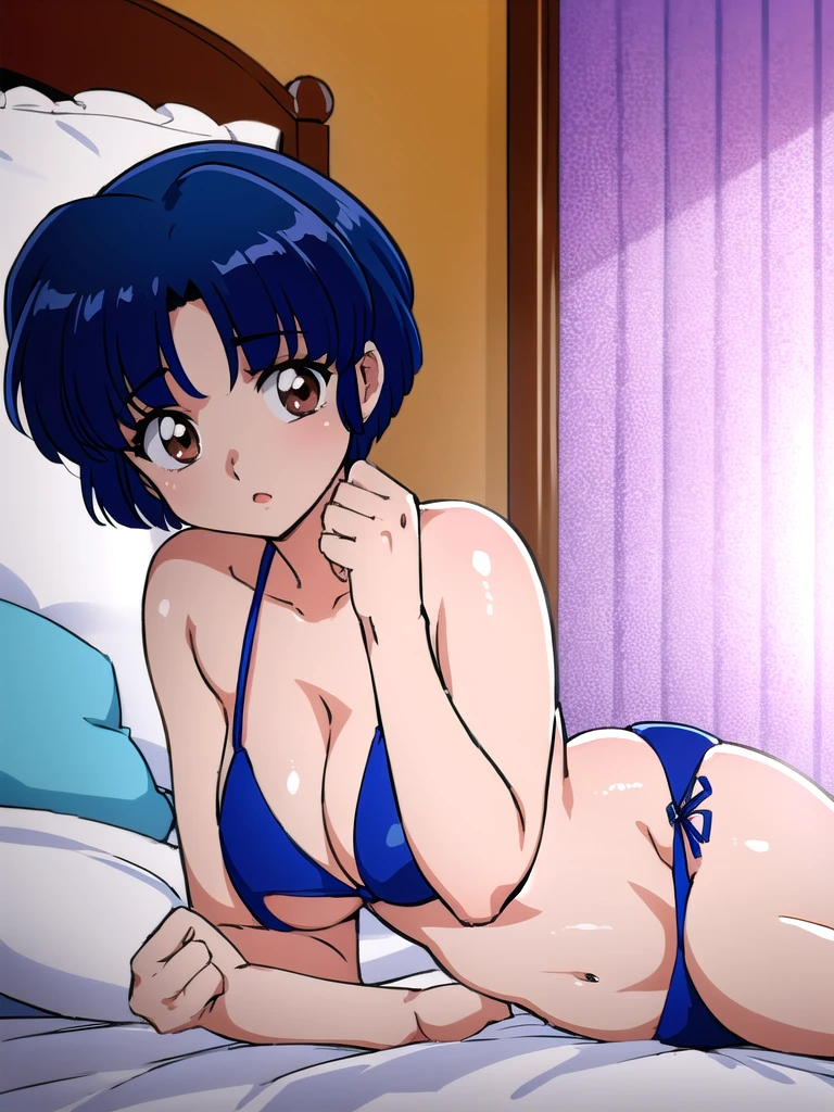 HDR, CG, sharp focus, (8k), (4k), masterpiece, best quality, detailed skin, extremely detailed, hiper detailed, sharp focus, looking at viewer, high quality, AKANE, Akane tendou, short hair, blue hair, brown eyes , tetas grandes, solo, 1girl, BEDROOM background, hands on chest, sandals, lying on bed, bikini, pervert look,