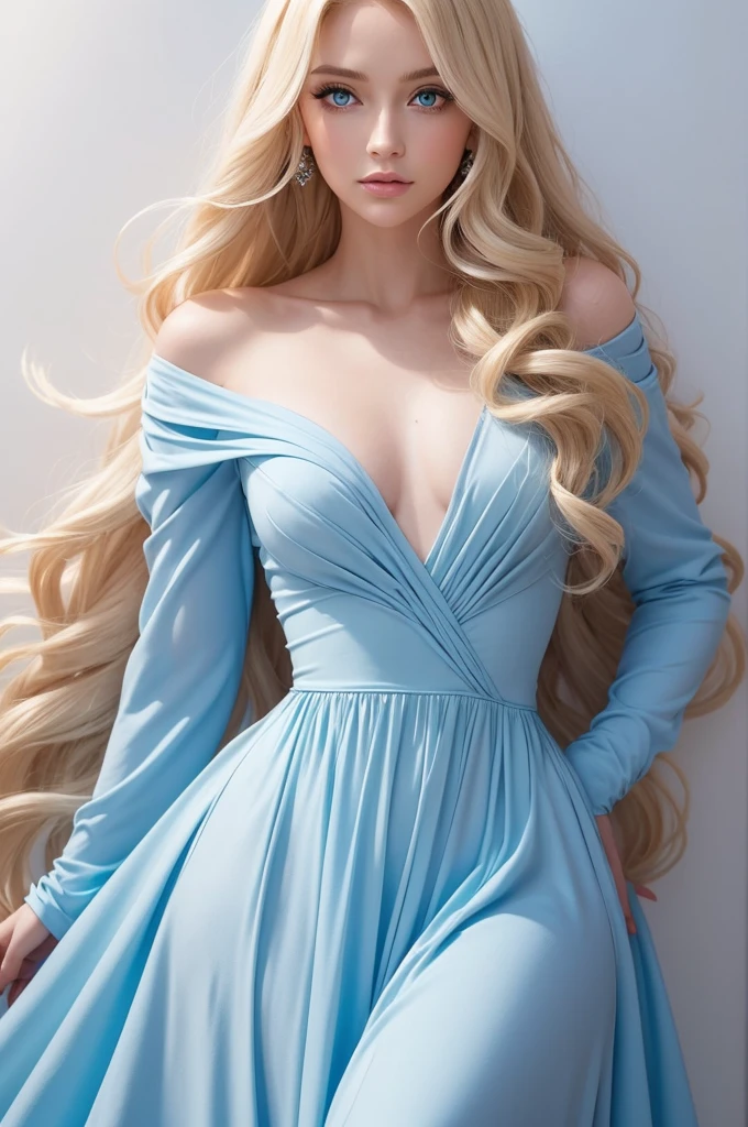 create a blonde woman, long curly hair, with two strands curled in the front and a small strand on the face, wearing an elegant blue dress. she has pastel blue eyes, an elegant pose and cold look