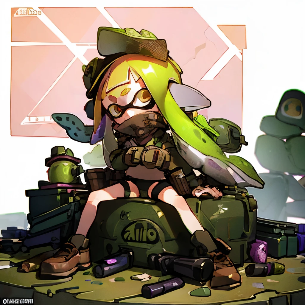 (splatoon girl:1.2)、Sitting in the armory、Sitting at a desk、Golden Eyes、Camouflage-colored tentacle hair、In camouflage underwear、Choosing a weapon、There are lots of guns on the wall、Scattered ammunition、Ammo Box、Detailed facial depiction、Fisheye Lenasterpiece、Highest quality、High resolution、8K、Super detailed、
