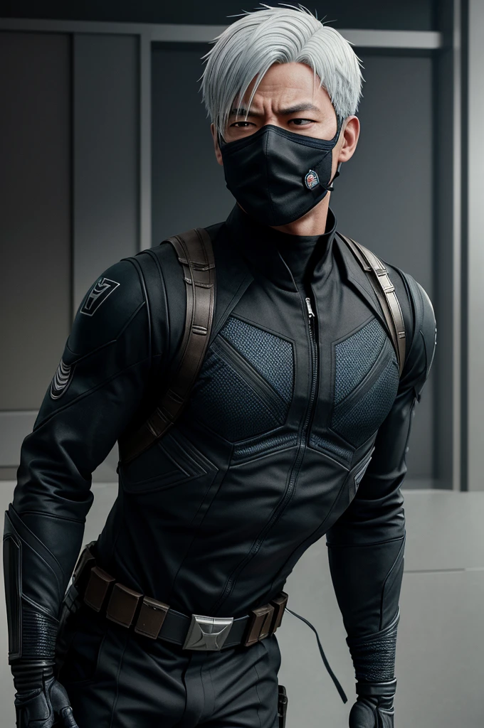 Create a hyper-realistic 3D image of Satoru Gojo (a matured boy) from 'Jujutsu Kaisen' wearing a Captain America black suit. Gojo should maintain his signature white hair and blindfold, blending seamlessly with the detailed textures and colors of Captain America's iconic suit.