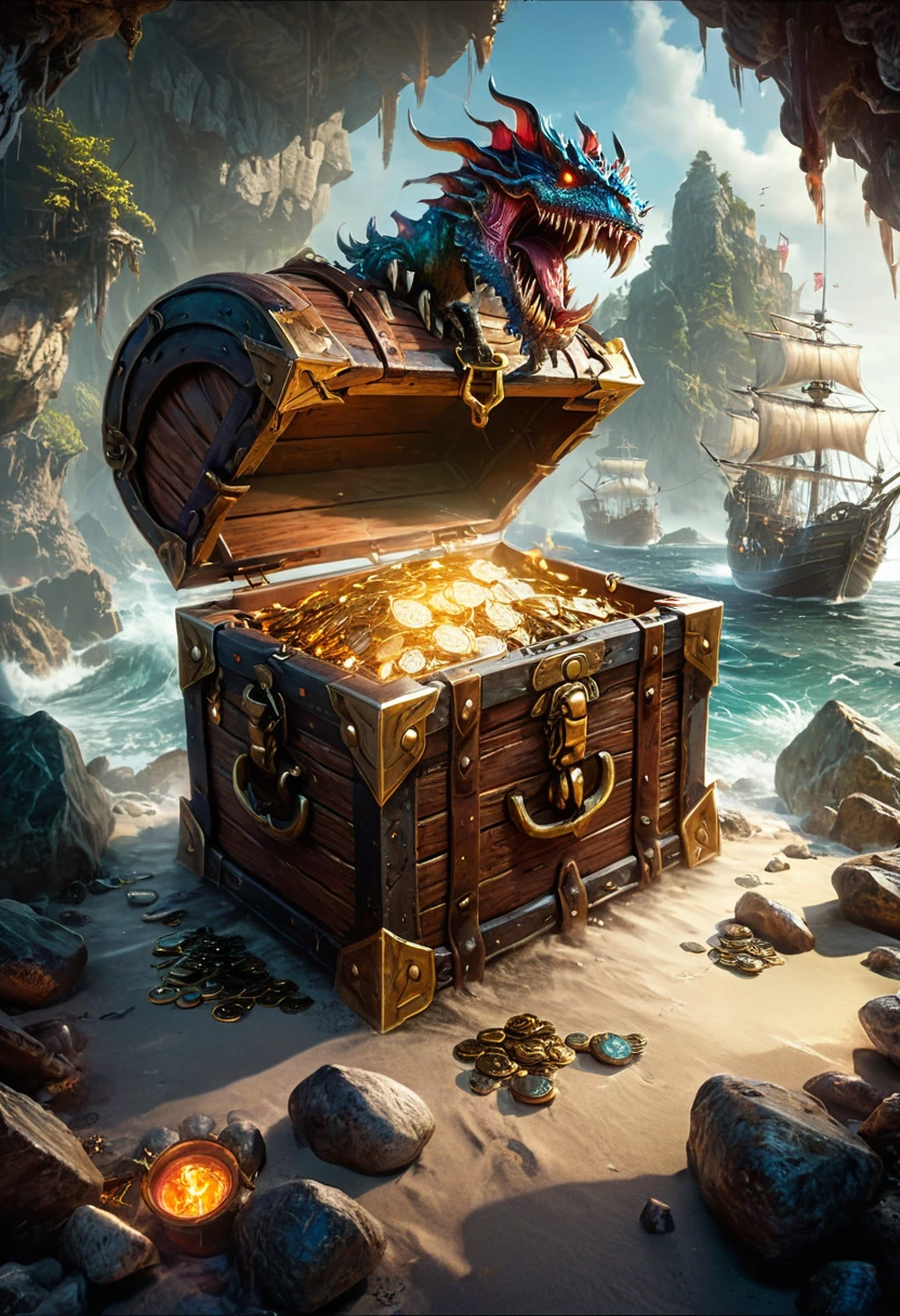 Treasure Box Monster Mimic from D&D, The desolate island is buried with a legendary pirate treasure, a heavy iron treasure chest, and a monster disguised as a treasure chest jumps out of the chest, revealing terrifying fangs, cinematic still, emotional, vignette, dynamic, vivid, (masterpiece, best quality, Professional, perfect composition, very aesthetic, absurdres, ultra-detailed, intricate details:1.3)