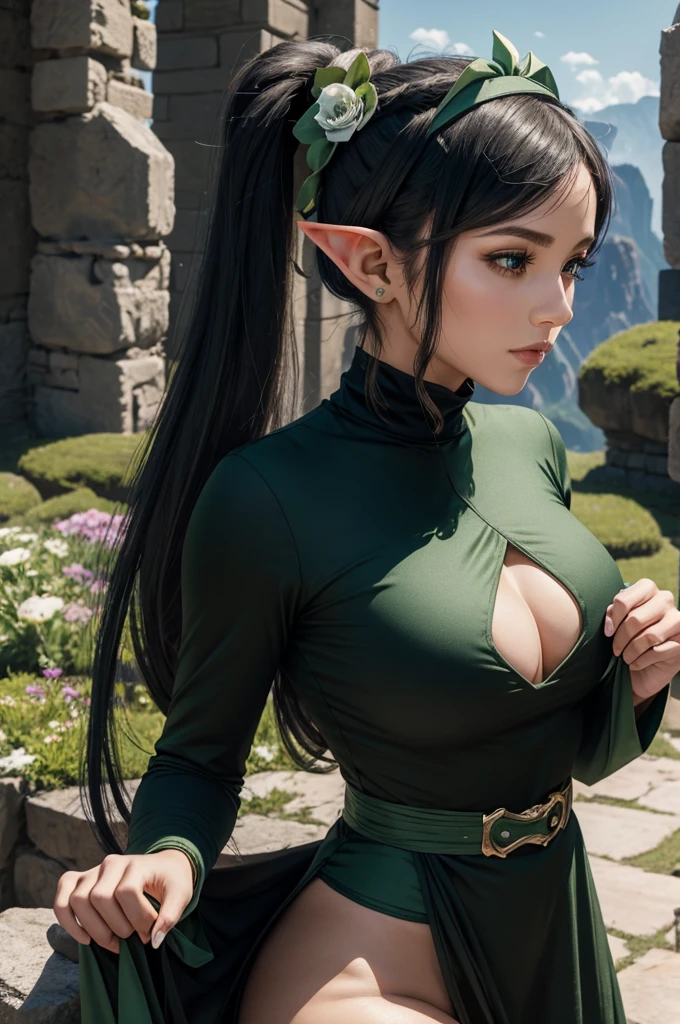 30 year old woman from Saturn, elf ears, thick athletic body, beautiful, cute, green ponytail hair with flower headband, wearing long black dress, at stone castle