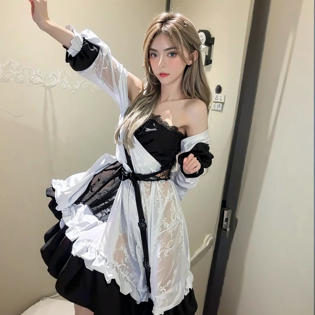 Best quality, masterpiece, ultra high res, (photorealistic:1.4), raw photo, 1girl, ((black lace nightgown)), ((small breast)), cold light