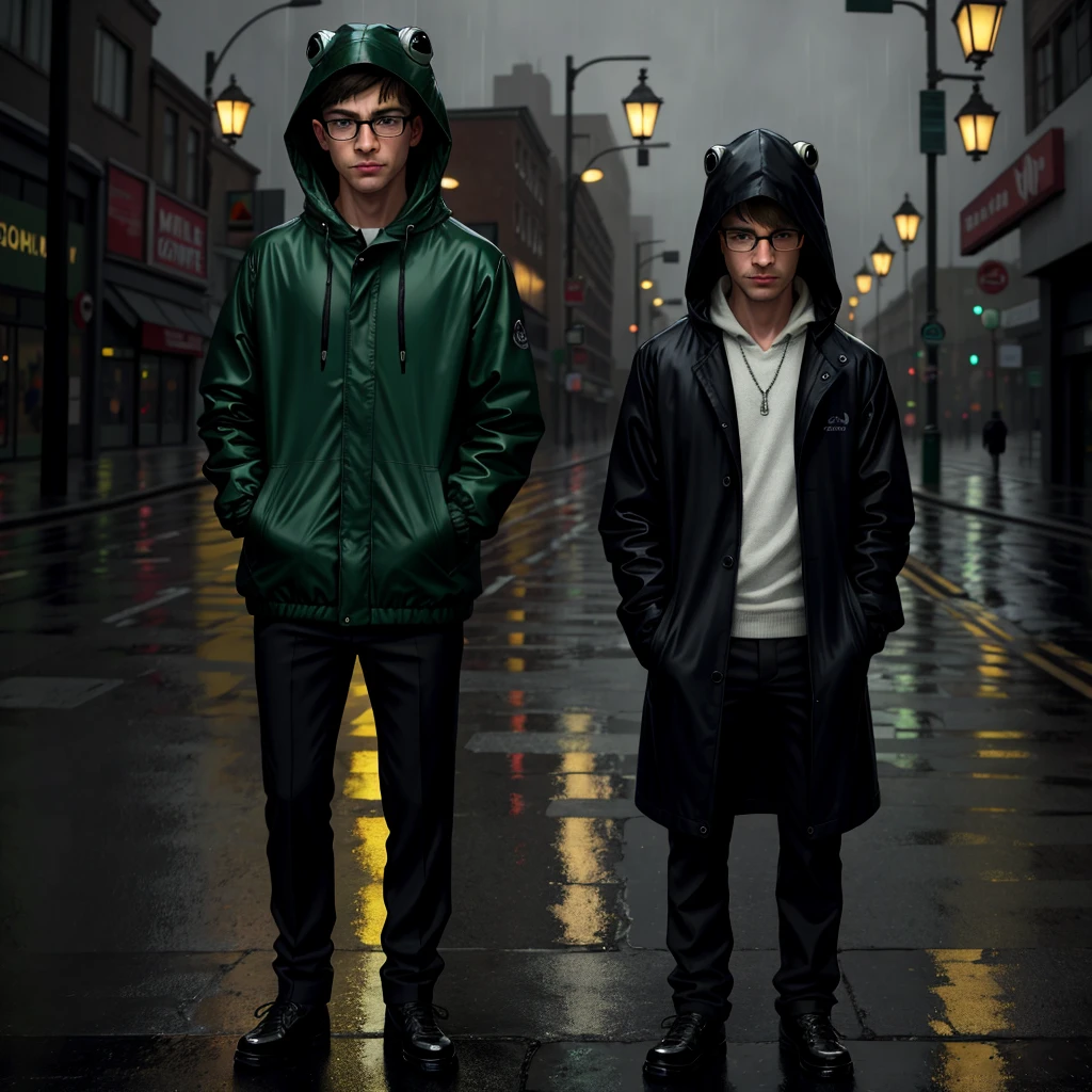 A hyperrealistic image of a frog wearing a hooded jacket and glasses standing in a rainy city street. The frog is looking at the viewer with a slightly sad expression. The city lights are reflected in the wet pavement, creating a dark and mood atmosphere. This is a stylish and intriguing image captured by Annie Leibovitz.