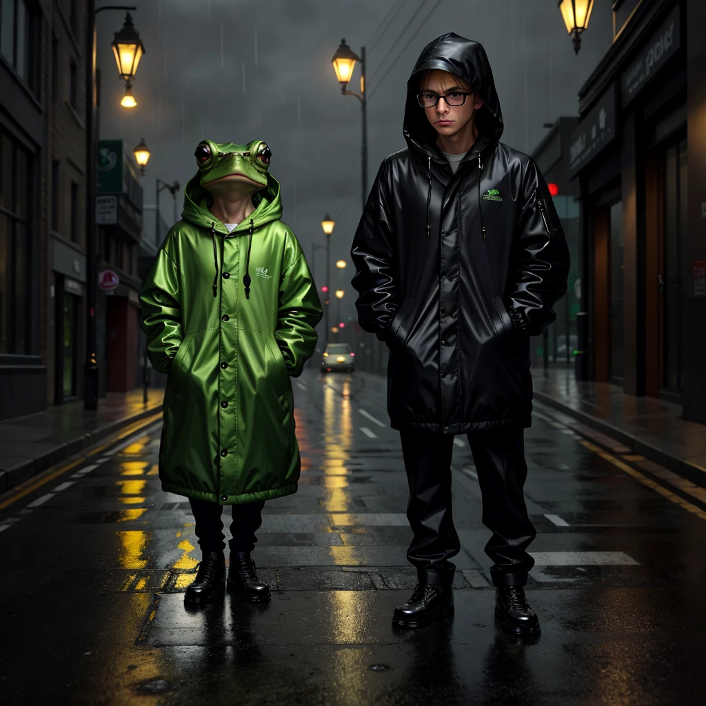 A hyperrealistic image of a frog wearing a hooded jacket and glasses standing in a rainy city street. The frog is looking at the viewer with a slightly sad expression. The city lights are reflected in the wet pavement, creating a dark and mood atmosphere. This is a stylish and intriguing image captured by Annie Leibovitz.