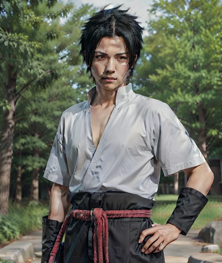 1male, uchiha sasuke in anime naruto, short hair , black hair, red eyes, handsome, grey clothes, realistic clothes, detail clothes, outdoor background, ultra detail, realistic