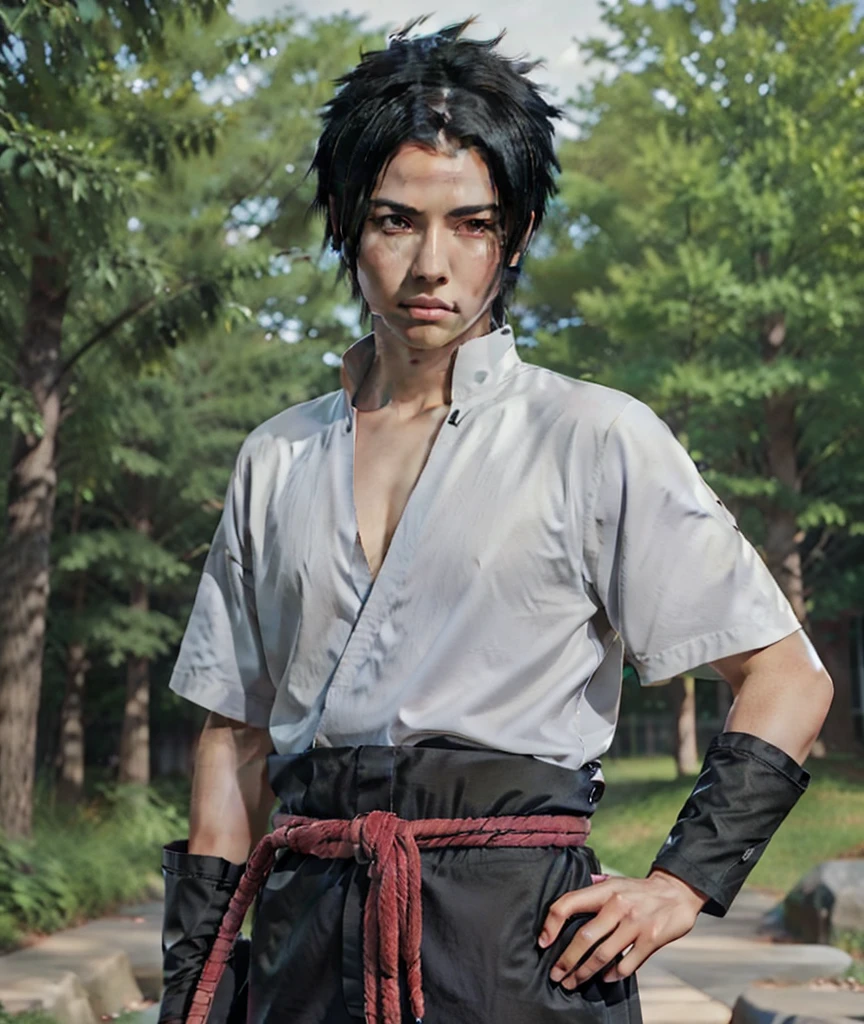 1male, uchiha sasuke in anime naruto, short hair , black hair, red eyes, handsome, grey clothes, realistic clothes, detail clothes, outdoor background, ultra detail, realistic