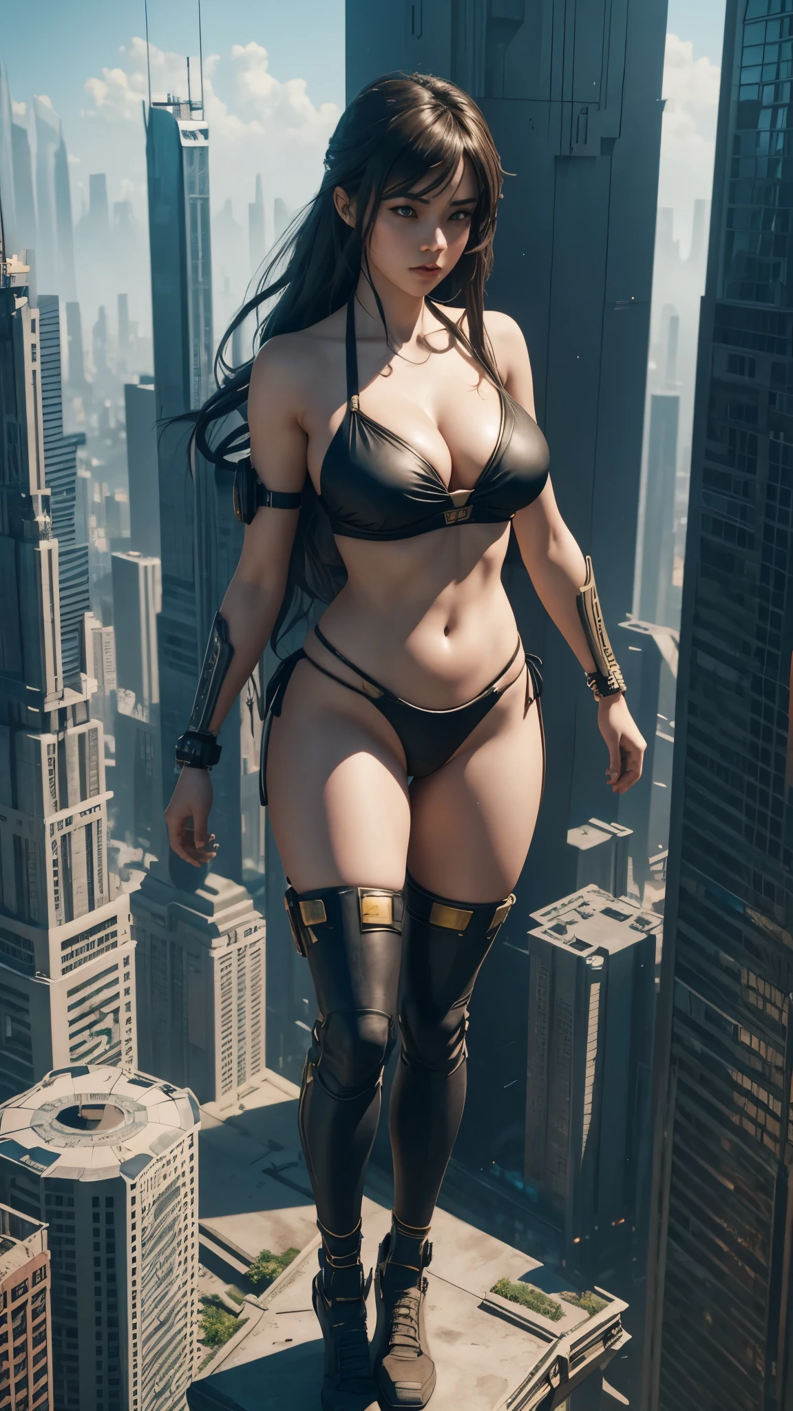 A giant woman in a bikini lying on top of a cyberpunk city, Little guys running around the giant girl, Standing on her hand, cgsociety 9, 2. 5 d cgi fantasy art, engine rendering unreal + a goddess, full body cgsociety, artgerm ; Hyper realistic 3d content, giant art, super detailed 3d matte paintings, super detailed 3d matte paintings, realistic fantasy art, realistic 3 d anime style. Beautiful girl. Big thighs."The boy stood on the top of a high-rise building waving to the girl"