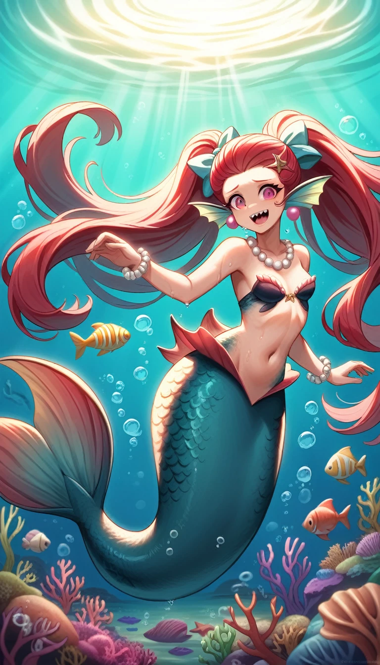 (best quality,4k,8k,highres,masterpiece:1.2),ultra-detailed, Pretty princess magically transformed into a beautiful mermaid, race swap, fantastic transformation, none human, steampunk, fish like, wet body, surrounded by small bubbles, long and detailed mermaid tail with shimmering red fish scales, fins ears, drawn in anime style, very long pigtails red hair, sharp teeth, is smiling, pink eyes, small breast, long pelvic and dorsal fins, pair of fish gills on the torso, red seashells bra, starfish hair clips, pearl earrings and bracelets, pearl necklace, hair ribbons, gold tiara, ocean depths, swimming underwater, joyful expression, playful mermaid poses, sparkling water, water reflections, ethereal atmosphere, subtle glow, whimsical and enchanting, checking her new body, underwater world, colorful coral reef, magical underwater lighting, vivid colors, breathing underwater, endless ocean depths, sunlight filtering through the water, Highly detailed, masterpiece, high quality, 4K.