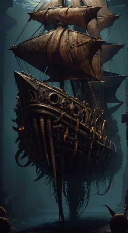 DavyJonesLockerStyle stingray engine, steampunk, wet, dripping, (Masterpiece:1.3) (best quality:1.2) (high quality:1.1), a shark mimics as a pirate ship to capture humans. Mimicry. Mimic