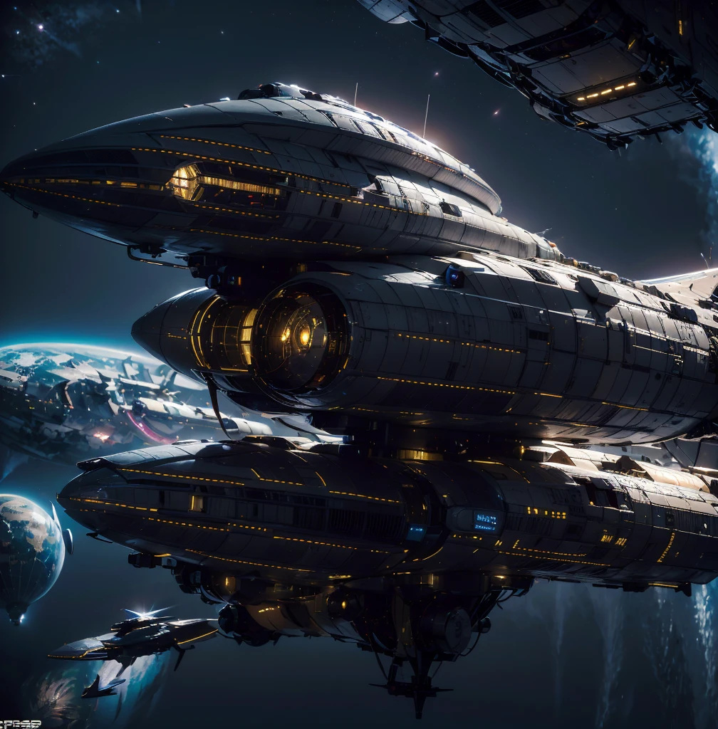 A detailed futuristic space station drydock, a massive starship under repair, human technicians and robotic Droids working together, intricate mechanical components, gleaming metallic surfaces, dynamic lighting, atmospheric haze, photorealistic, cinematic, highly detailed, 8K
