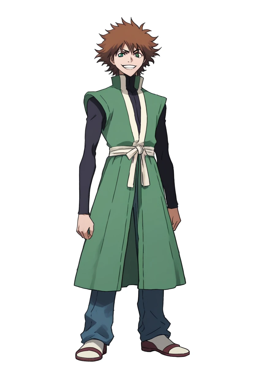 ((((white background)))), simple background, watercolor, 1 boy, standing, smile, mid-length curly hair, brown hair, light skin, green eyes, smug, teeth, front view, manga captain outfit bleach, score_9, score_8_up, score_7_up, score_6_up, score_5_up, score_4_up, BREAK source_anime, masterpiece