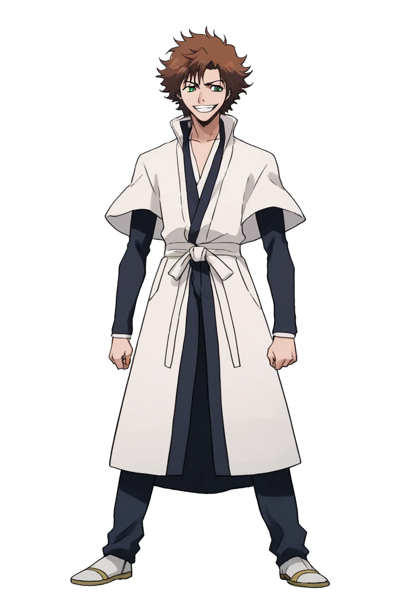 ((((white background)))), simple background, watercolor, 1 boy, standing, smile, mid-length curly hair, brown hair, light skin, green eyes, smug, teeth, front view, manga captain outfit bleach, score_9, score_8_up, score_7_up, score_6_up, score_5_up, score_4_up, BREAK source_anime, masterpiece