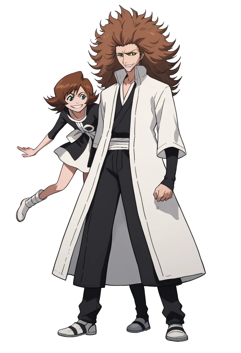 ((((white background)))), simple background, watercolor, 1 boy, standing, smile, mid-length curly hair, brown hair, light skin, green eyes, smug, teeth, front view, manga captain outfit bleach, score_9, score_8_up, score_7_up, score_6_up, score_5_up, score_4_up, BREAK source_anime, masterpiece