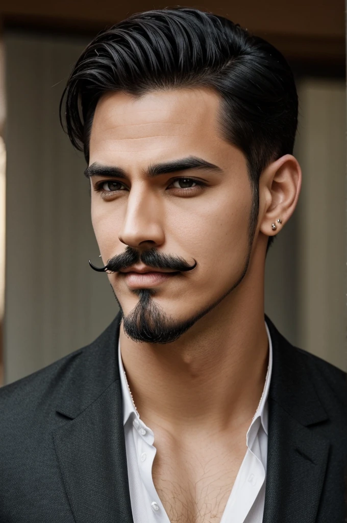 handsome and elegant man with short black hair with a piercing on the right eyebrow and with goatee and goatee mustache