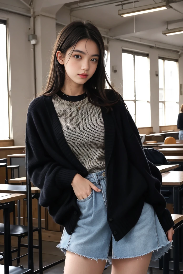 deux femmes ensemble de 18 ans sexy et mince , black short sleeve checkered sweater, jambe visible , se touche,salle de classe