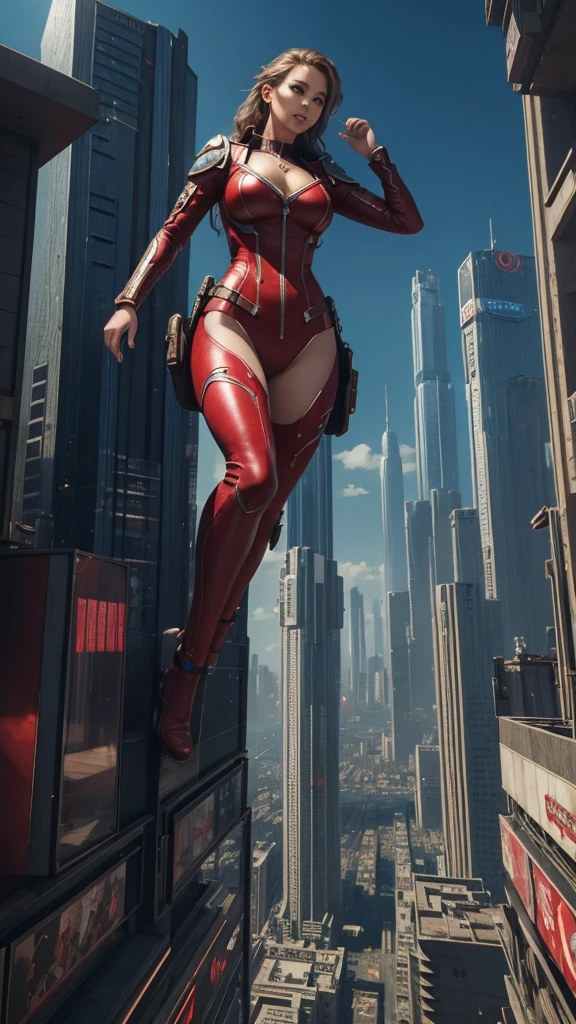 A giant woman in a red suit lying on top of a cyberpunk city, Little guys running around the giant girl, Standing on her hand, cgsociety 9, 2. 5 d cgi fantasy art, engine rendering unreal + a goddess, full body cgsociety, artgerm ; Hyper realistic 3d content, giant art, super detailed 3d matte paintings, super detailed 3d matte paintings, realistic fantasy art, realistic 3 d anime style. Beautiful girl. Big thighs."The boy stood on the top of a high-rise building waving to the girl". jennifer Lawrence.